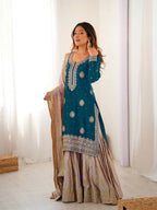 Lehenga Mart Designer Sharara Suit With Kurta, Sharara, Dupatta For Women-Teal Blue - Distacart