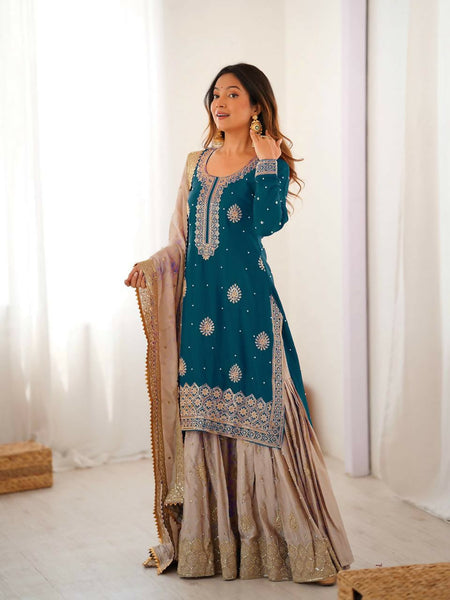 Lehenga Mart Designer Sharara Suit With Kurta, Sharara, Dupatta For Women-Teal Blue