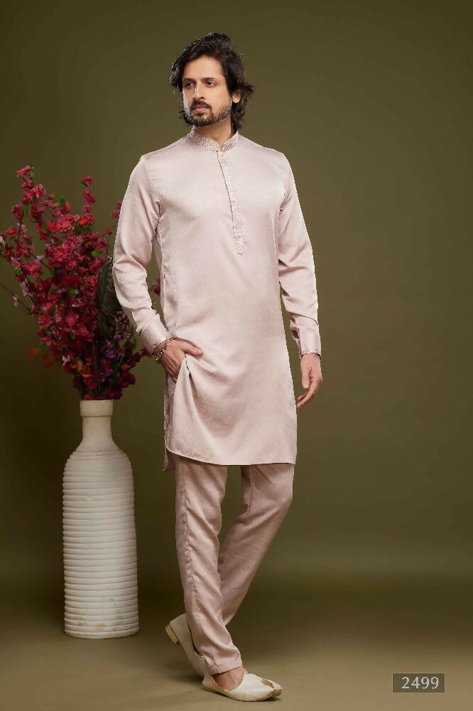 Raivat Ethnic Art Banarasi Silk Thread Work Kurta Pajama In Peach Colour