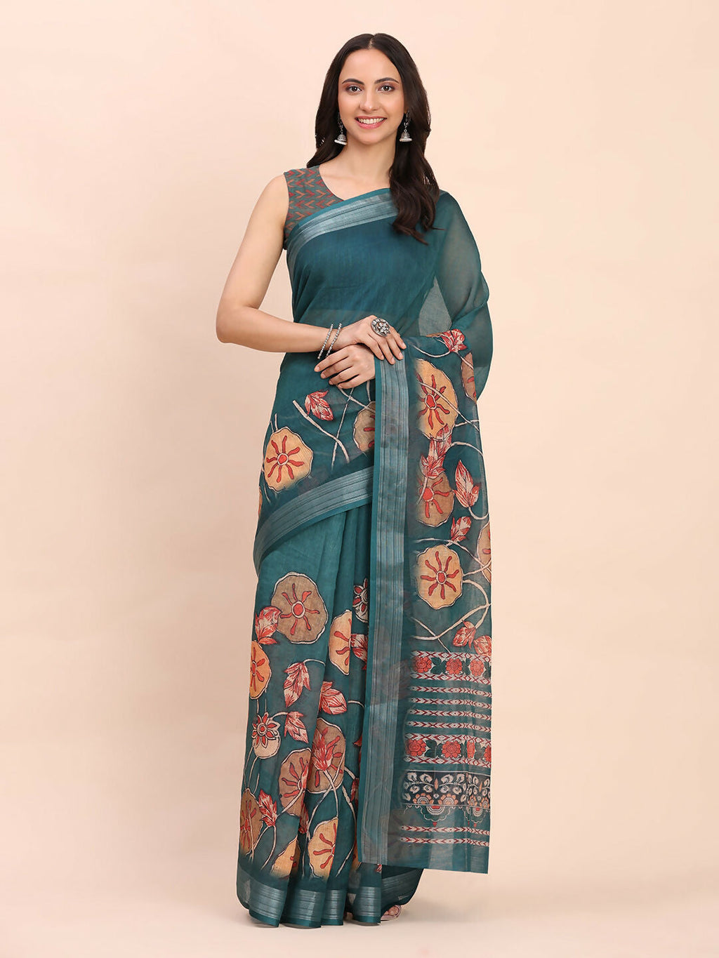 Shree Shyam Fashion Linen Cotton Teal Blue Saree - Distacart