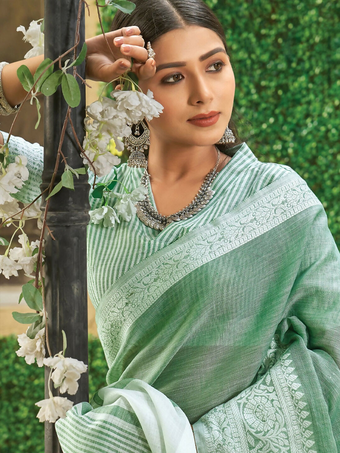 Shree Shyam Fashion Rama Green Linen Saree - Distacart