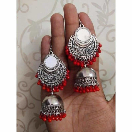 MS Fashion India Designer Red Color Pearls Mirror Tassel Silver Jhumka Earrings