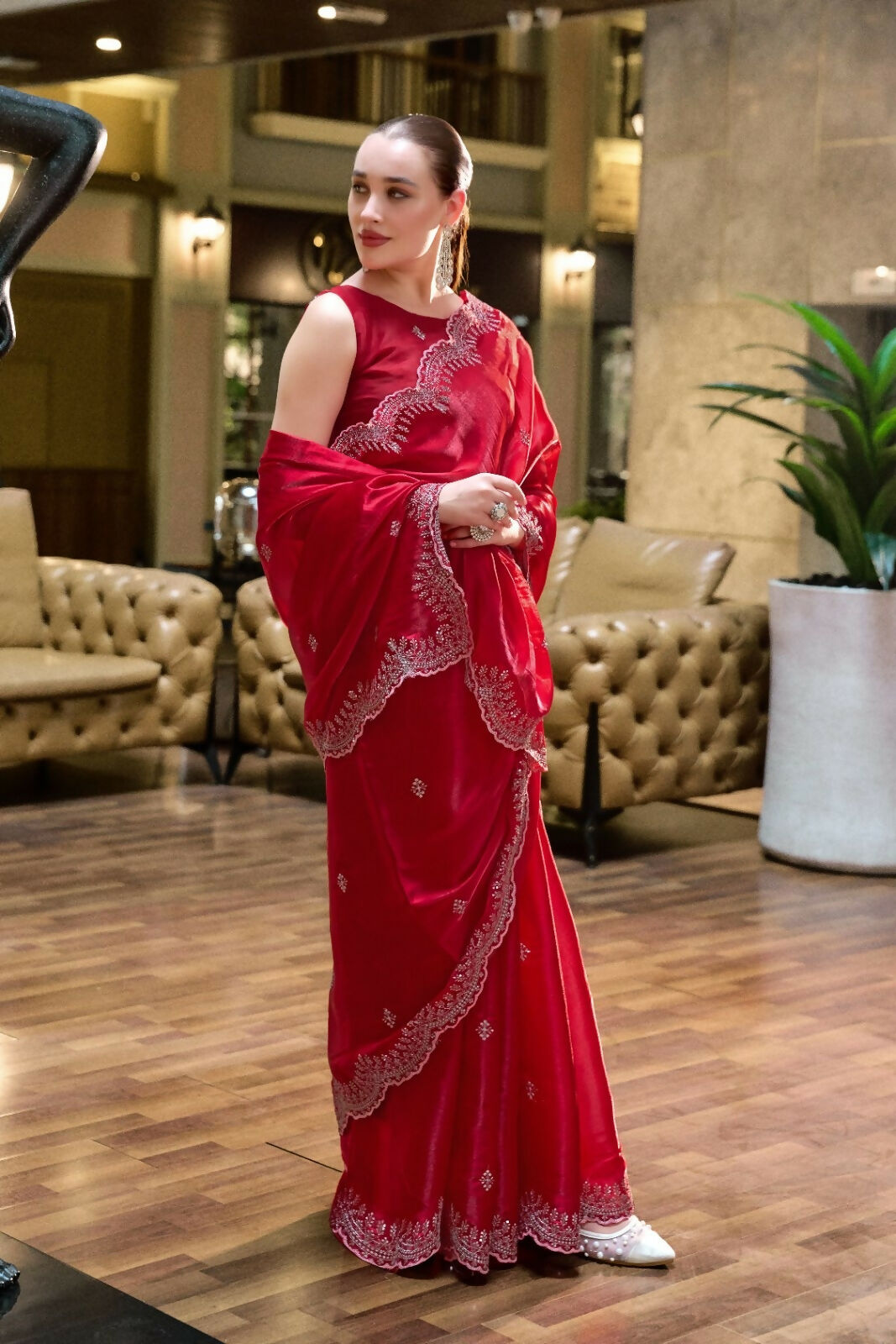 Vastranavya Red Embroidery Work Shimmer Chiffon Saree with Unstitched Blouse - Distacart