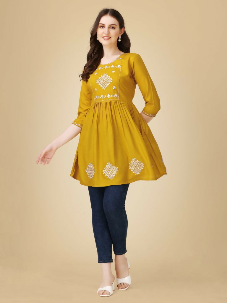 Jyoti Fashion Women's Mustard Viscose Rayon Embroidered Casual Top