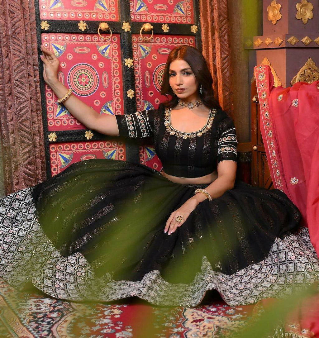Jyoti Fashion Women's Black Faux Georgette 5MM Sequins with Zari Embroidered Designer Lehenga Choli Set