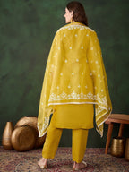 Sangria Mustard Yellow Floral Embroidered Thread Work Kurta & Trouser With Dupatta