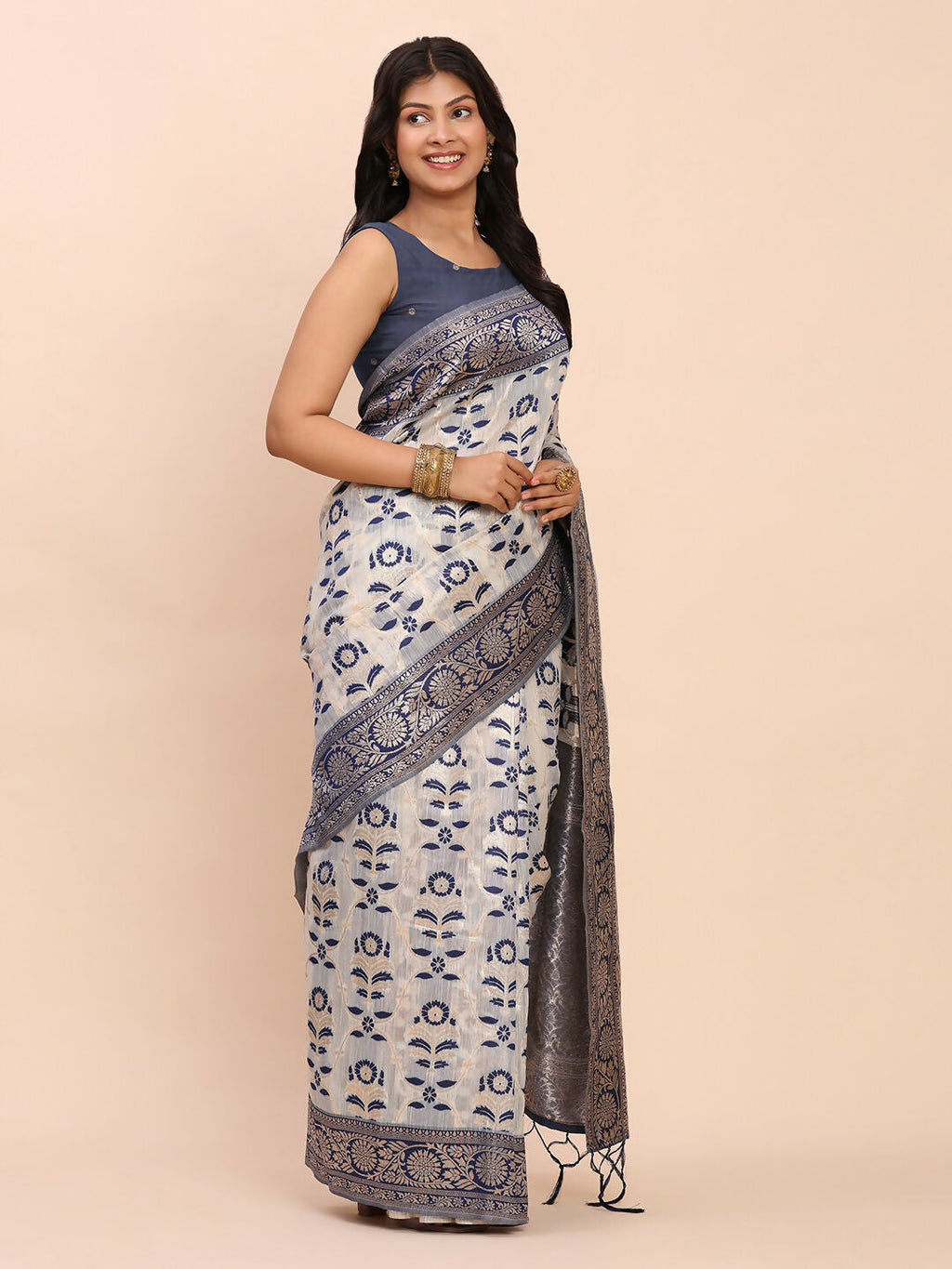 Shree Shyam Fashion Linen Cotton Navy Blue Saree - Distacart