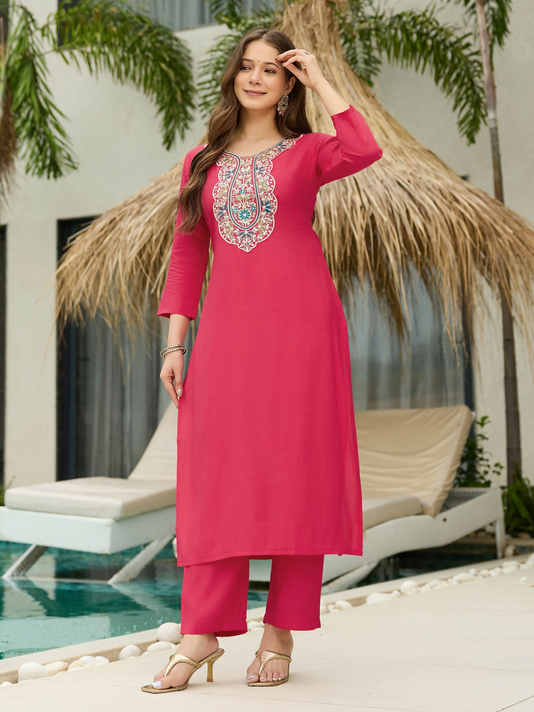 The52 Women's Beautiful Rayon Fabric Embroidery Work Straight Kurta Pant and Dupatta Set - Distacart