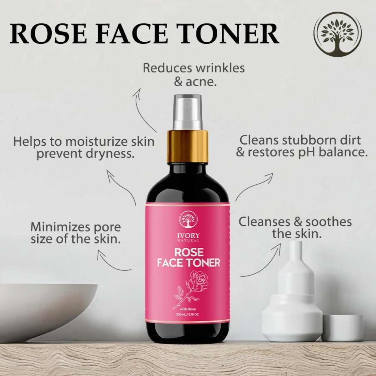 Ivory Natural Rose Facial Toner For Impurities, Soothing Hydration, Balancing Ph & Enhancing Skin Elasticity