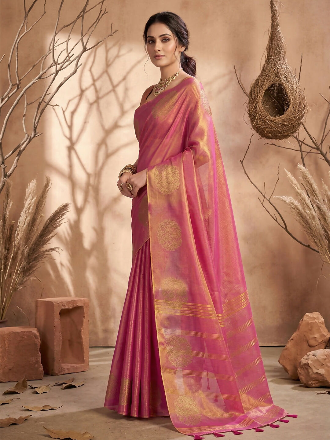 Shree Shyam Fashion Wine Tissue Silk Saree - Distacart