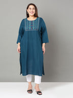 Sztori Plus Size Floral Yoke Design Thread Work Straight Kurta