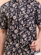 Miravan Men's Floral Printed Half Sleeve Spread Collar Ethnic Motifs Black Slim Fit Shirt