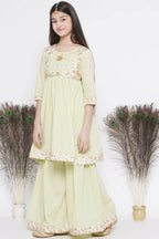 Little Bansi Floral Embroidery Jacket With Cotton Lurex Frock Sharara And Dupatta With Ghungroo Handwork - Bottle Green