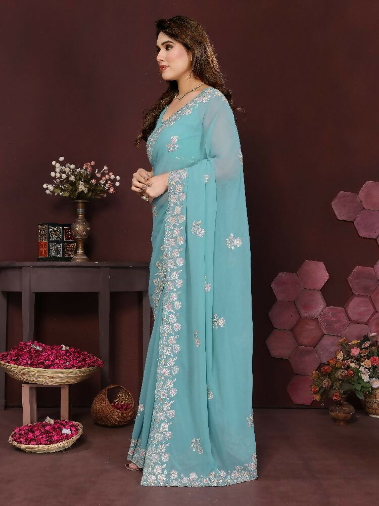 PR Fashion Turquoise Georgette Embroidery Work With Embroidery Work Blouse Saree