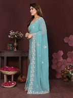 PR Fashion Turquoise Georgette Embroidery Work With Embroidery Work Blouse Saree