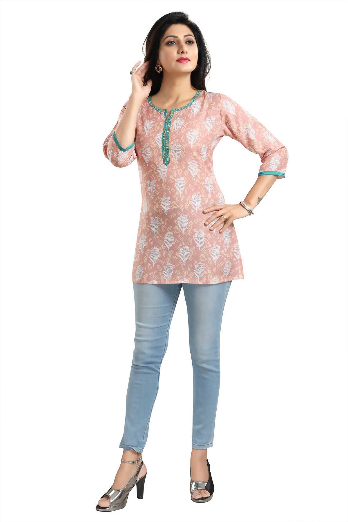Snehal Creations Pretty Pastel Peach Rayon Short Kurti Tunic Top - Distacart