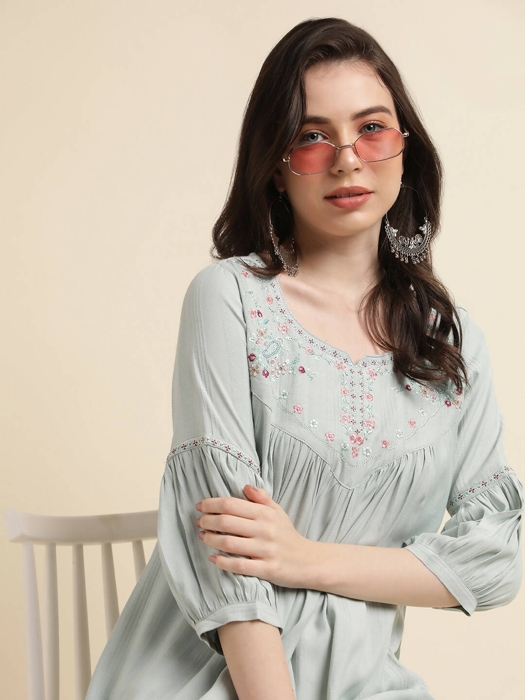 Light Blue Poly Cotton Yoke Embroidered A-line Top - Tarini