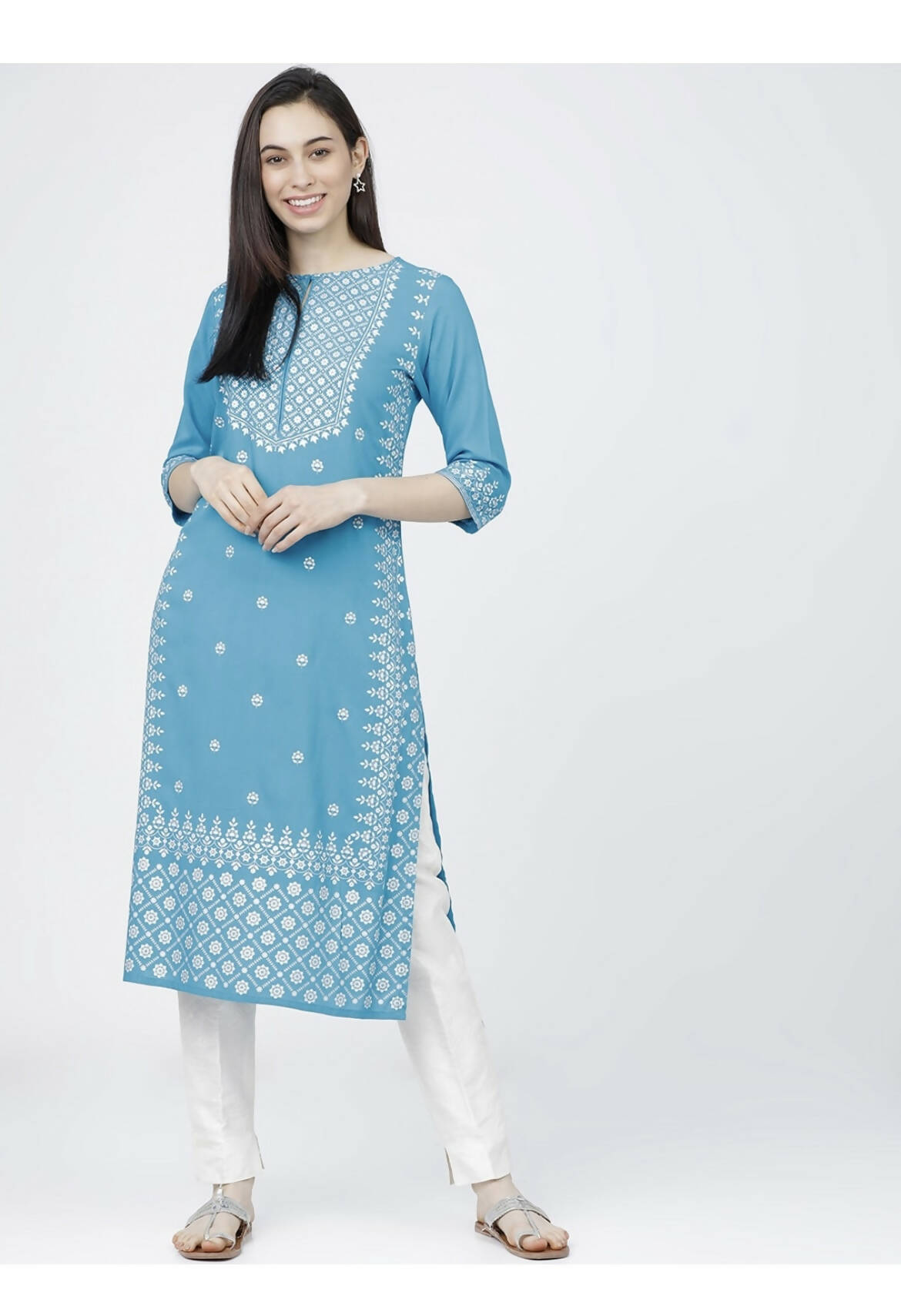 Indian Clothing Cheera Embellished Daily Wear Cotton Blend Kurta - Sky Blue
