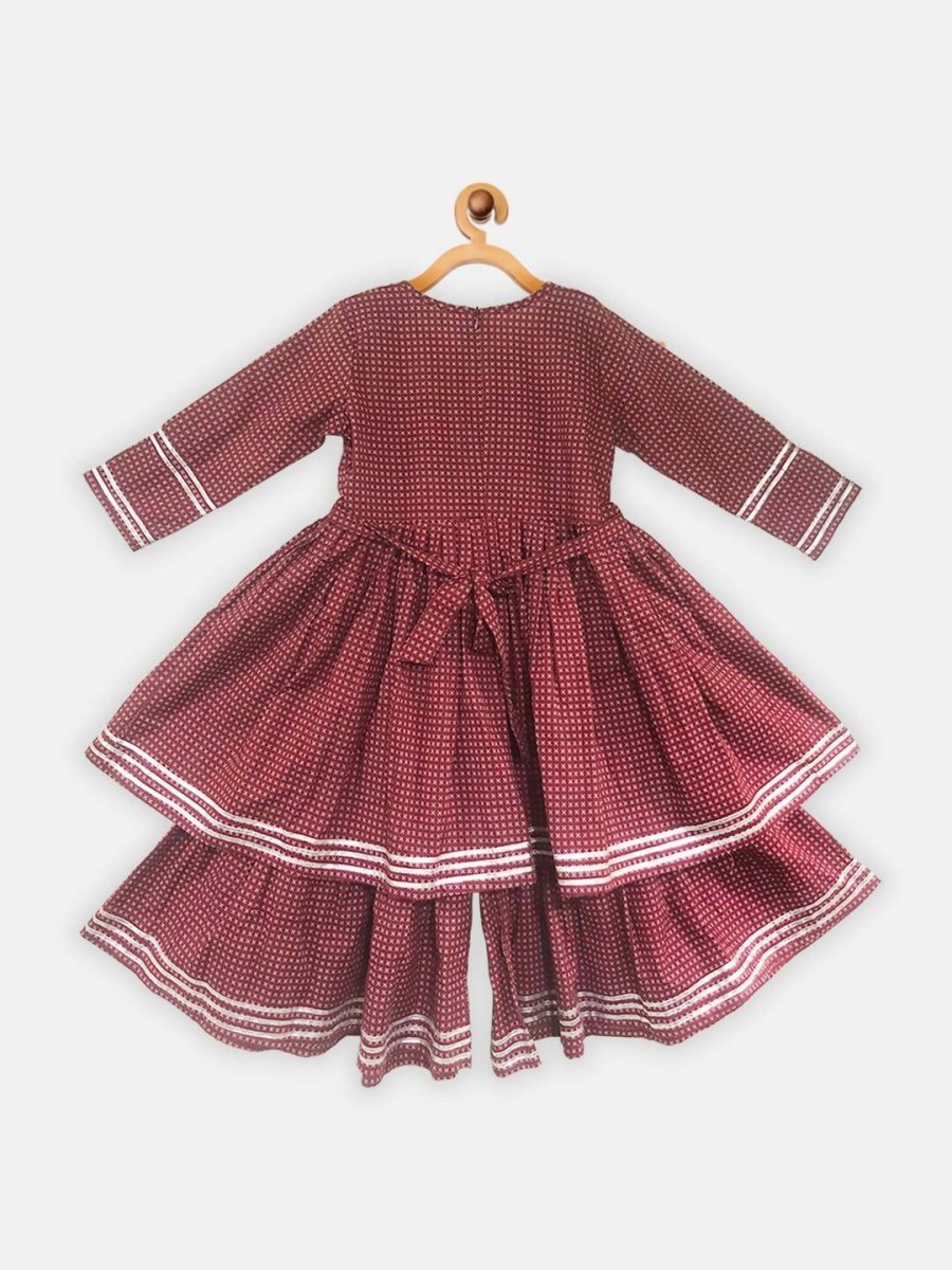 Ahalyaa Maroon Pure Cotton Digital Printed Kids Kurta Sharara Set For Girls