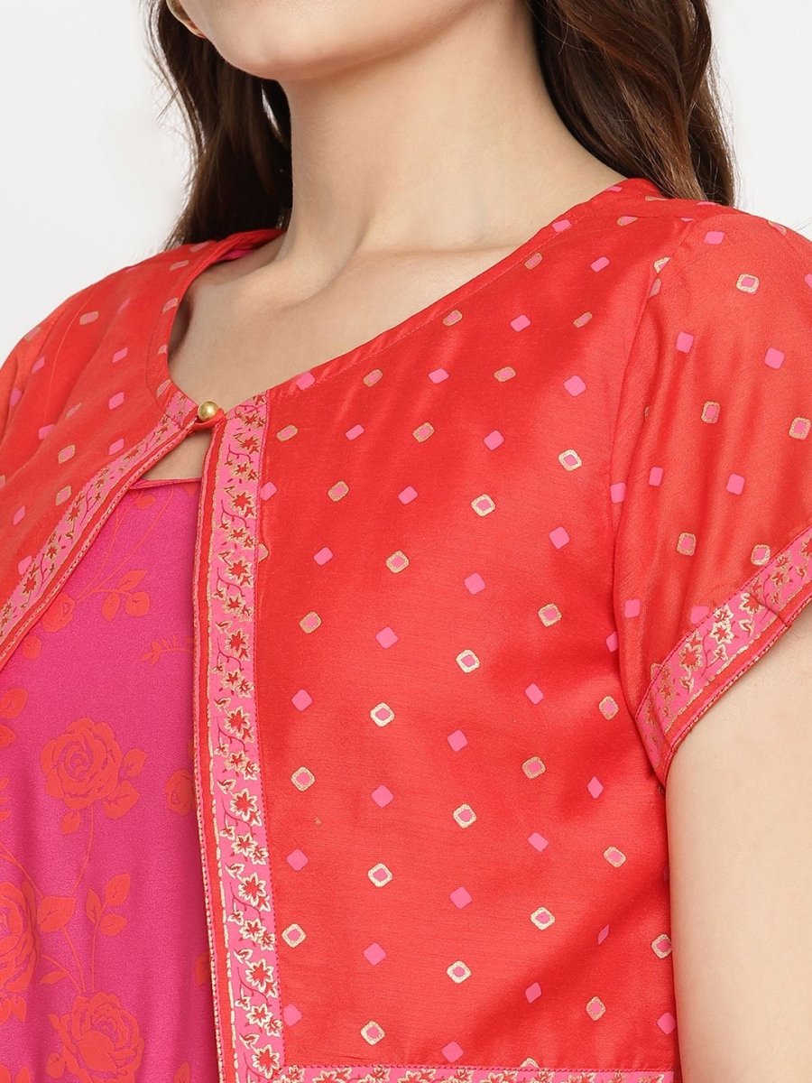 Ahalyaa Pink Crepe Orange khari Print Kurta with Jacket