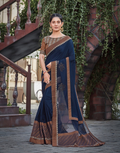 Navy Blue Silkresham And Cord Embroidery, Applique Saree - Norita Hit