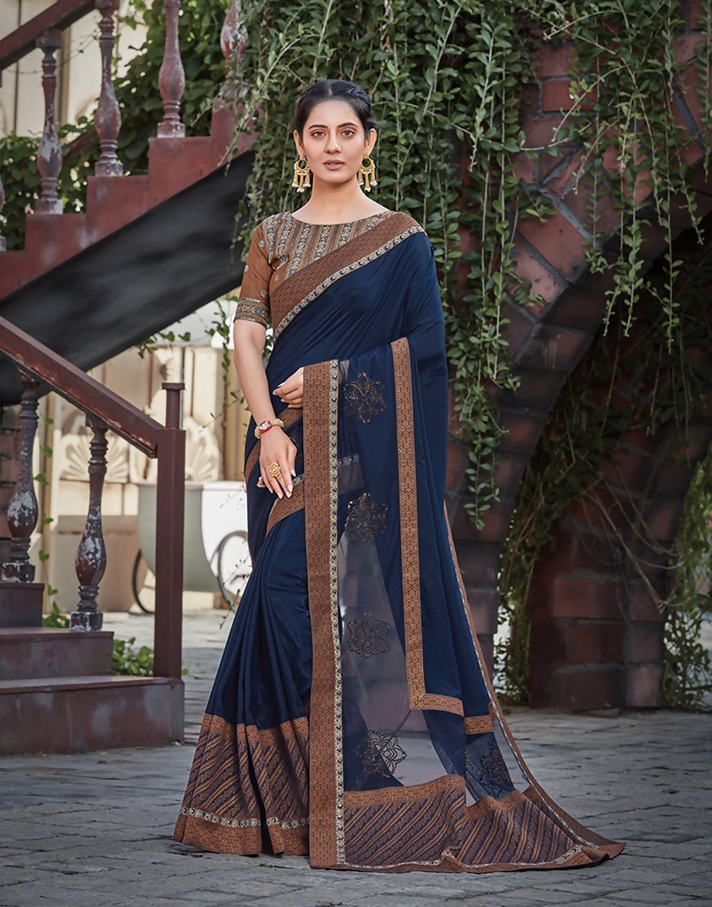 Navy Blue Silkresham And Cord Embroidery, Applique Saree - Norita Hit