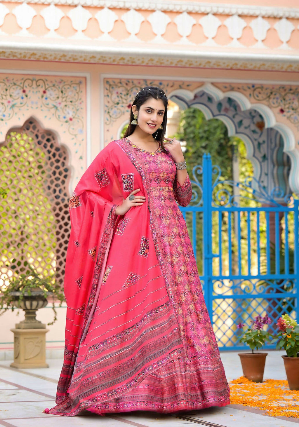 Functional Designer Dark Pink Dola Silk Anarkali suit with Dupatta - Ramya