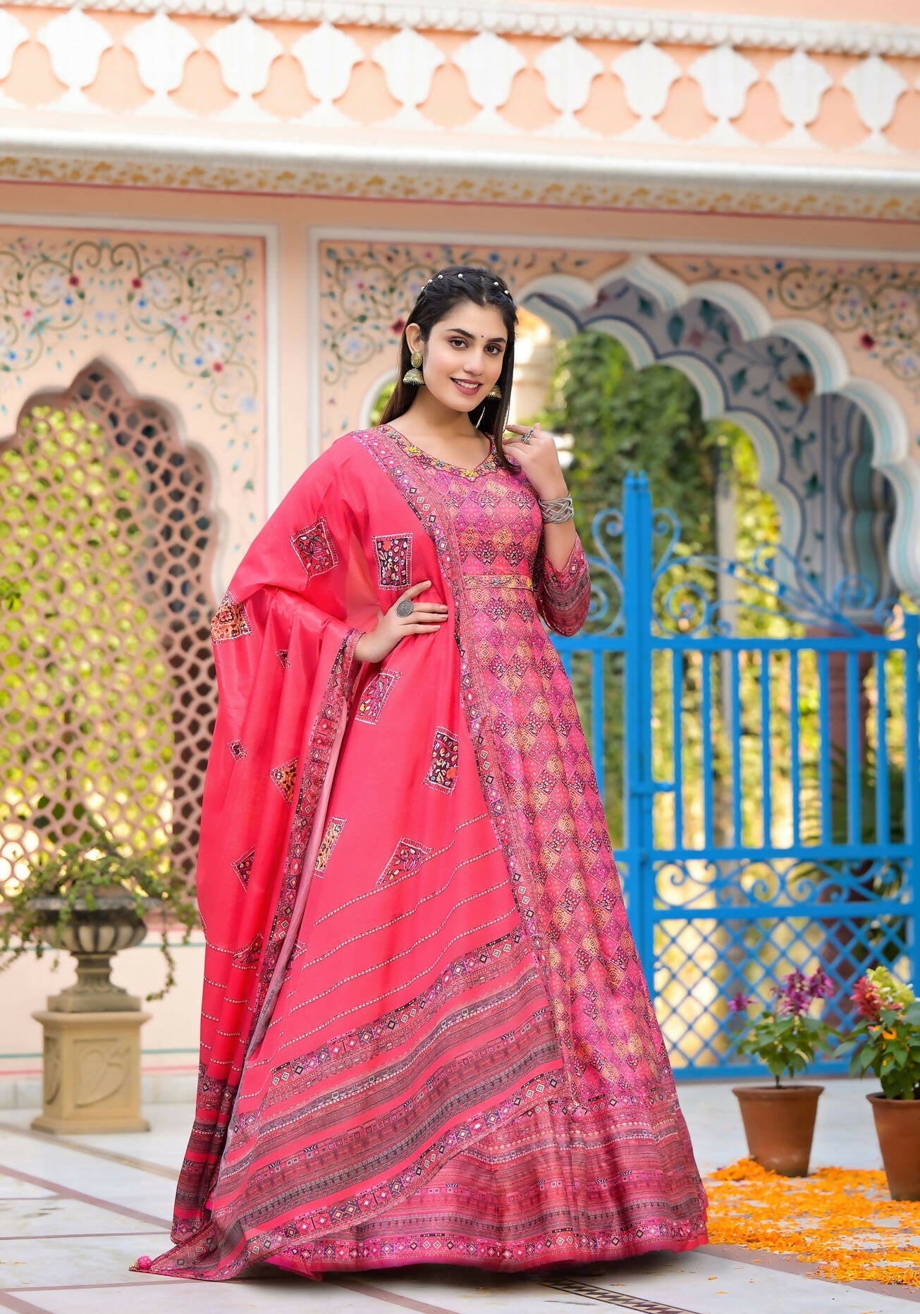 Functional Designer Dark Pink Dola Silk Anarkali suit with Dupatta - Ramya
