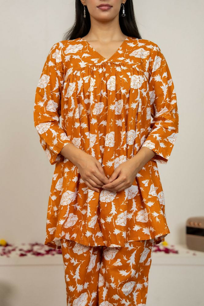 Joban Fashion Peach Hand Block Print Cotton Kurta Set - Distacart