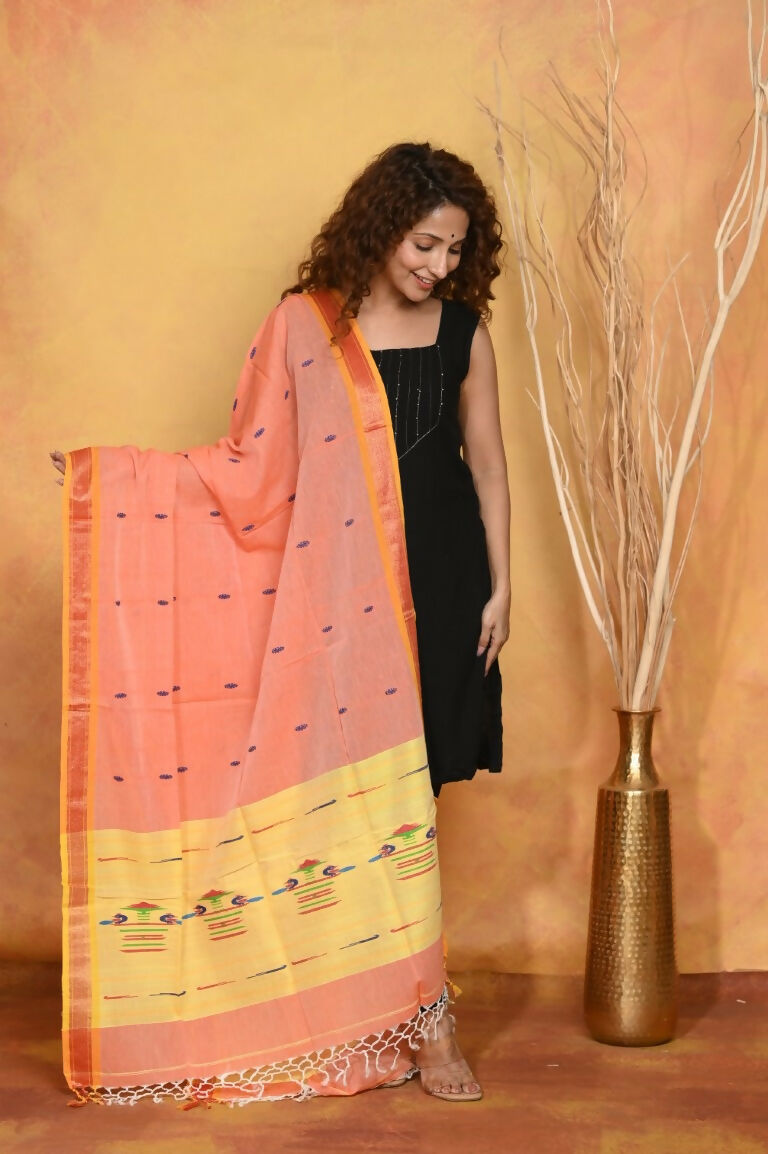 Very Much Indian Handloom Pure Cotton Paithani Dupatta Orange