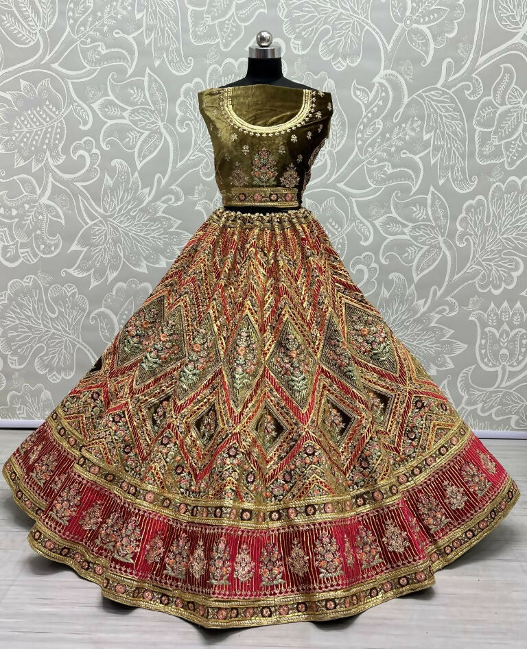 Jyoti Fashion Women's Pista Green Velvet Golden Gotta, Multi Thread Embroidered with Diamond Work Wedding Lehenga Choli