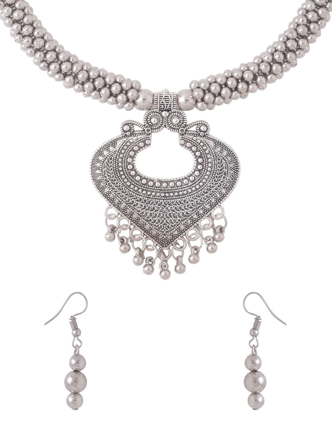 NVR Women Silver Toned Oxidised Jewellery Set