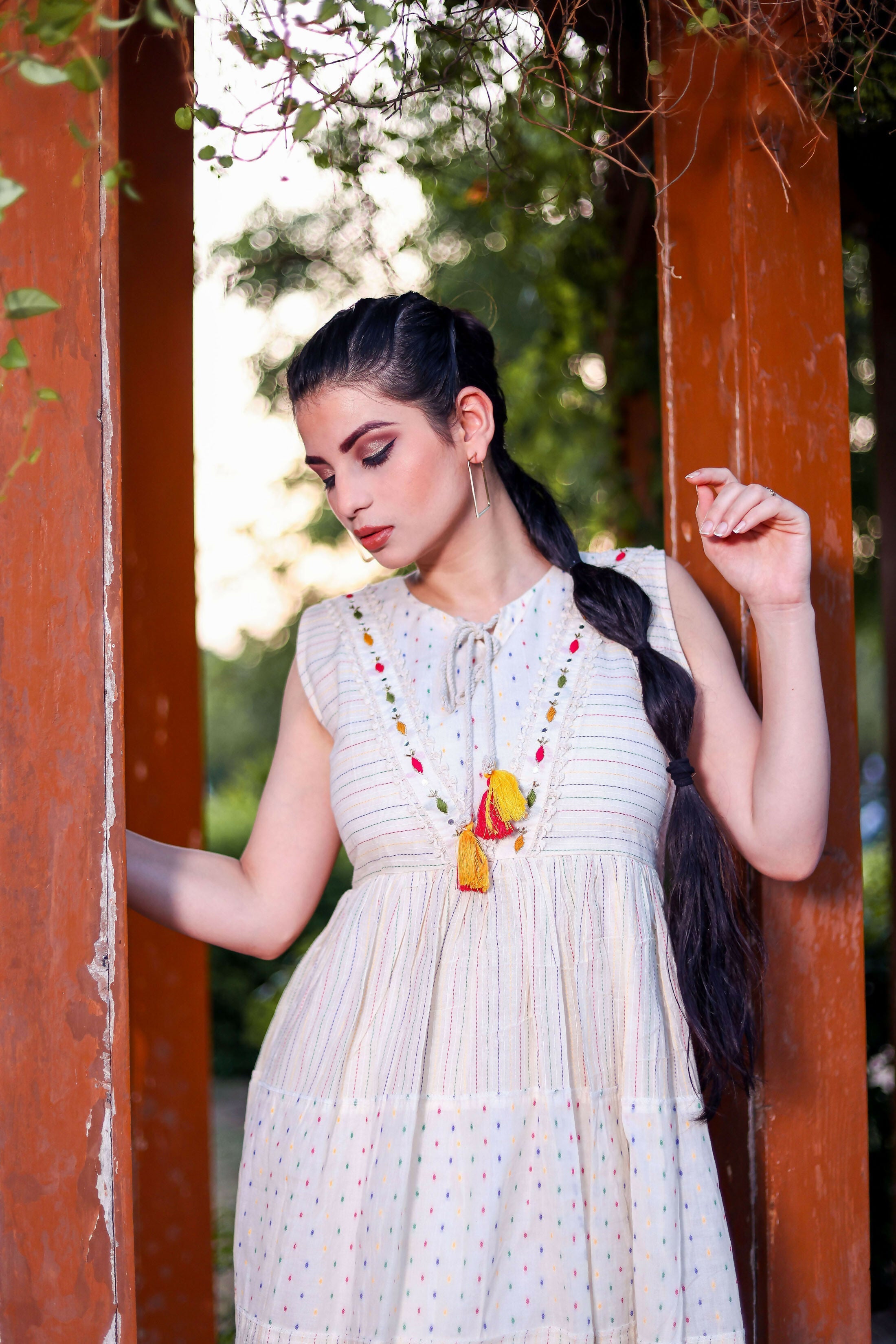 Aayaa Designer Multi Thread Hand Work Khadi Cotton One Piece Dress - Off White
