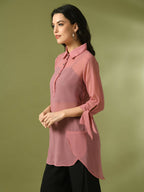 Myshka Women's Pink Solid Georgette Longline Party Sheer Tunic