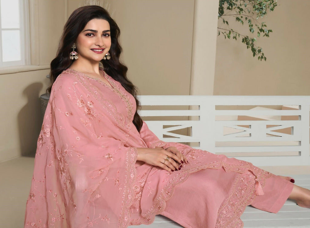 Anaita Peach Heavy Natural Crepe Stitched Suit with Embroidery & Zarkhan Work - Distacart