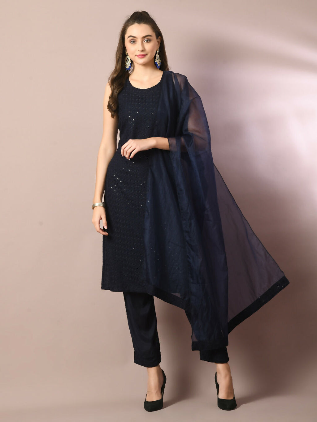 Myshka Women's Navy Blue Embroidered Cotton Straight Party Kurta Set With Dupatta