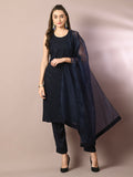 Myshka Women's Navy Blue Embroidered Cotton Straight Party Kurta Set With Dupatta