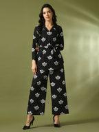 Myshka Women's Black Printed Polo Collar Party Top With Trousers Co-ord set