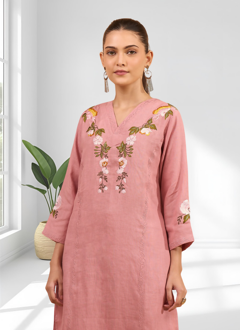 Joban Fashion Pink Linen Embroidered Readymade Long Kurta With Pant - Distacart