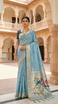 Vastranavya Sky Blue Muga Cotton Meenakari & Munia Weaving Pallu Saree with Contrast Blouse - Distacart