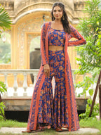 Janasya Navy Blue Georgette Floral Top,Bottom & Jacket