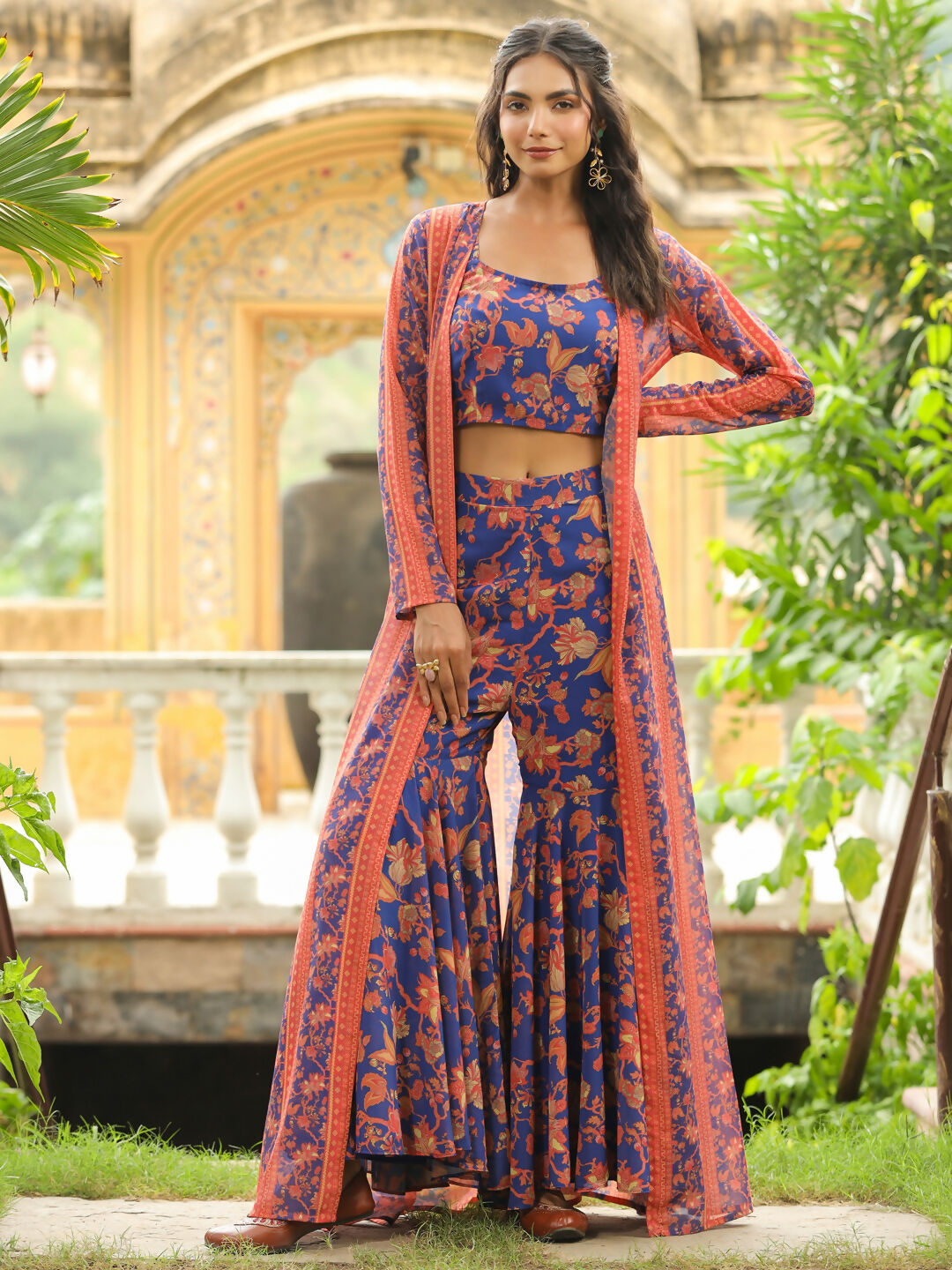 Janasya Navy Blue Georgette Floral Top,Bottom & Jacket