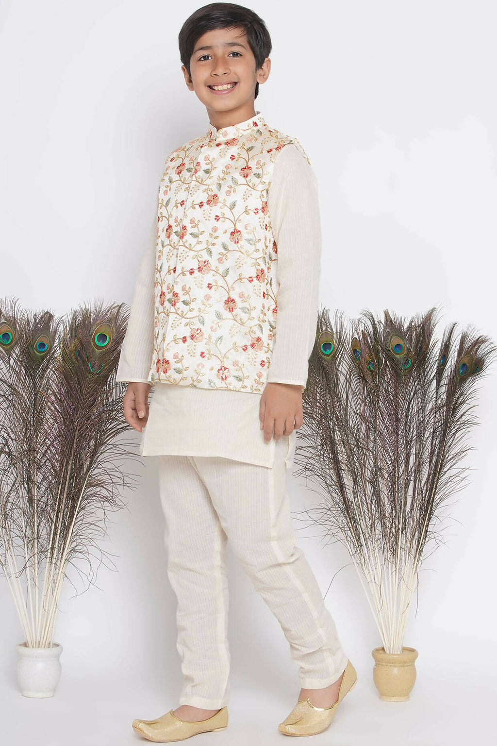 Little Bansi Banarsi Floral Embroidery Jacket with Cotton Kantha kurta and Kantha Pyjama - Cream