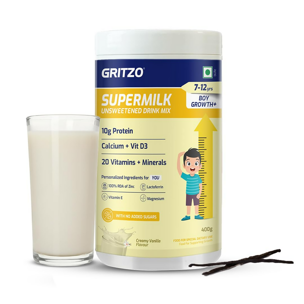 Gritzo SuperMilk Growth+ (Formerly Height+) Unsweetened Drink Mix (7-12y Boys), 10g Protein Powder (Creamy Vanilla)