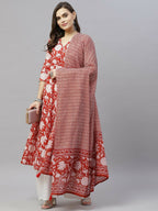 Miravan Women's Cotton Floral Printed Anarkali Kurta With Dupatta