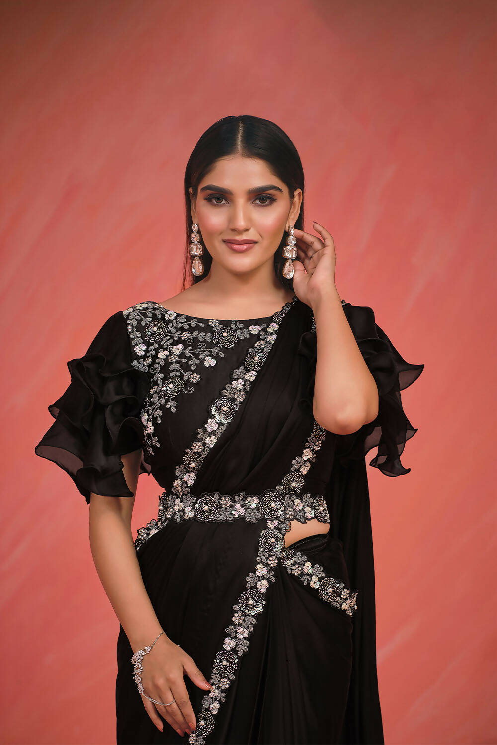 Black Crepe Silk Satin Cord & Sequence Embroidery with Stone & Moti Work Saree With Stitched Blouse - Mohmanthan Elegancia