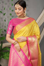 Jyoti Fashion Women's Yellow Kanjivaram Silk Zari Woven Saree with Blouse
