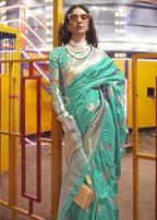 Beautiful Aqua Blue Handloom Weaving Silk Saree - Emponline