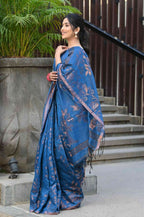 Beatitude Blue Cotton Floral Jamdani Saree