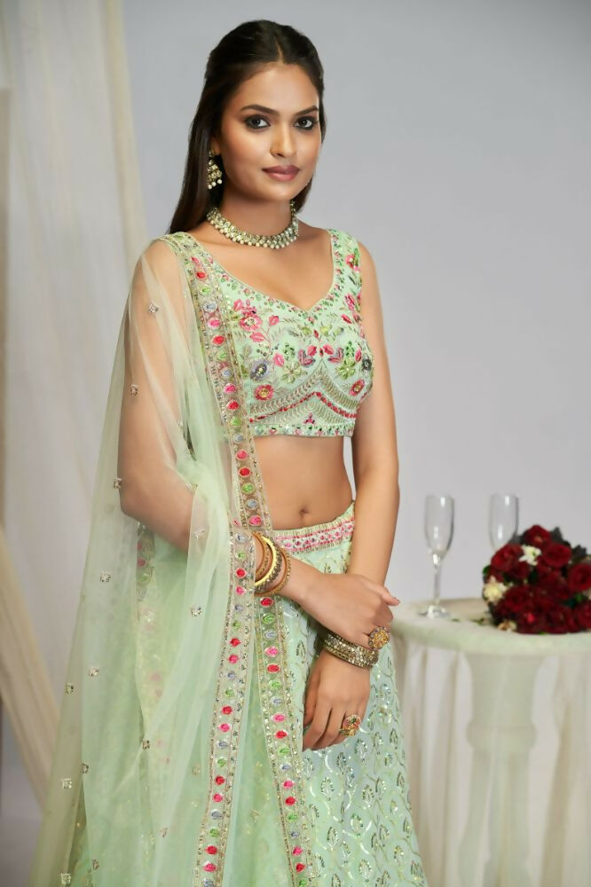 Pastel Green Georgette Thread Embroidery Work Lehenga Choli For Women - Jihu Culture